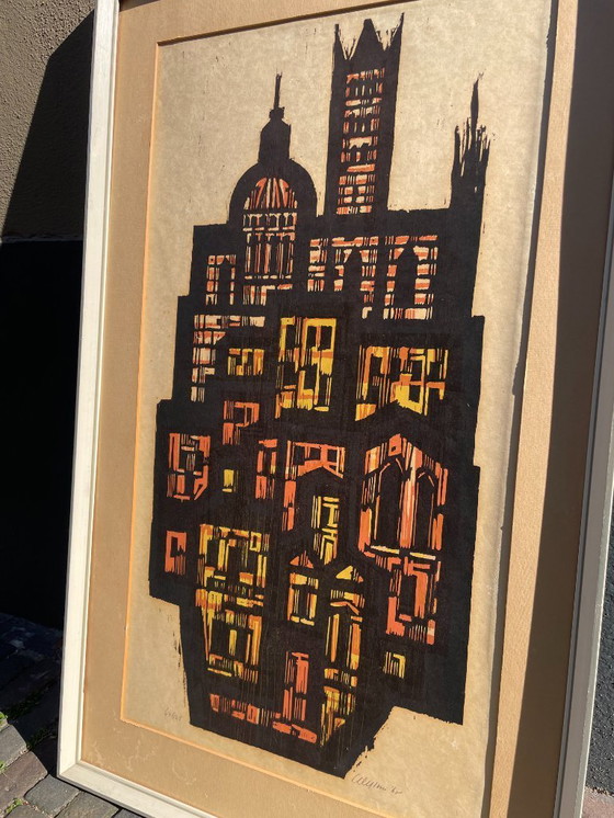 Image 1 of Akke Sins Pencil Signed Citscape Litho Vintage 1960s