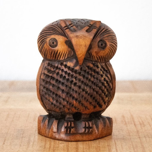 Statuetta vintage indonesiana di gufo in legno intagliato a mano, arte popolare. – decoratieve objecten, Wood