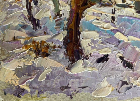 Image 1 of Original Oil Painting Winter Village Landscape Crows in the trees