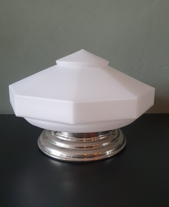 Image 1 of Art Deco ceiling light made of opal glass. Unique shape with a retro design.