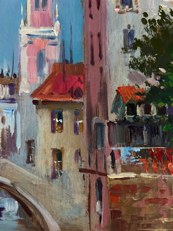 Image 1 of Original Oil Painting River Street Landscape City in the reflection of water