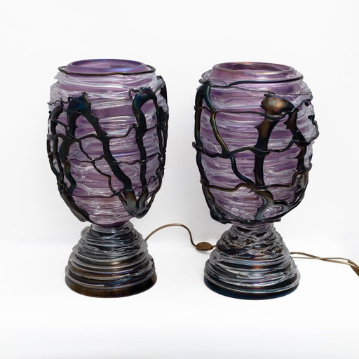 Außergewöhnliches Paar skulpturaler Murano Glas Tischlampen, Unikat, 1990