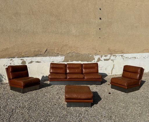 Complete living room set in brushed aluminum and brown leather, France 1970