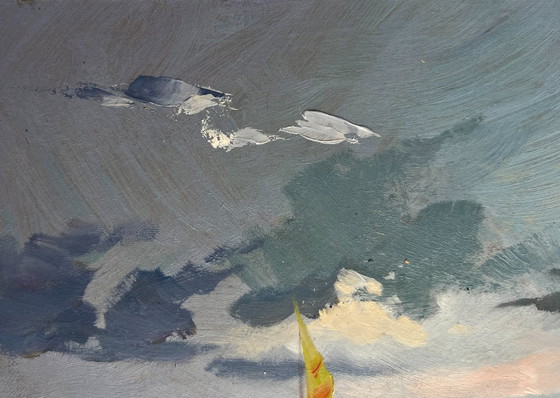 Image 1 of Origineel olieverfschilderij: Avondlandschap aan de rivier. Een rustige avond aan de rivier.