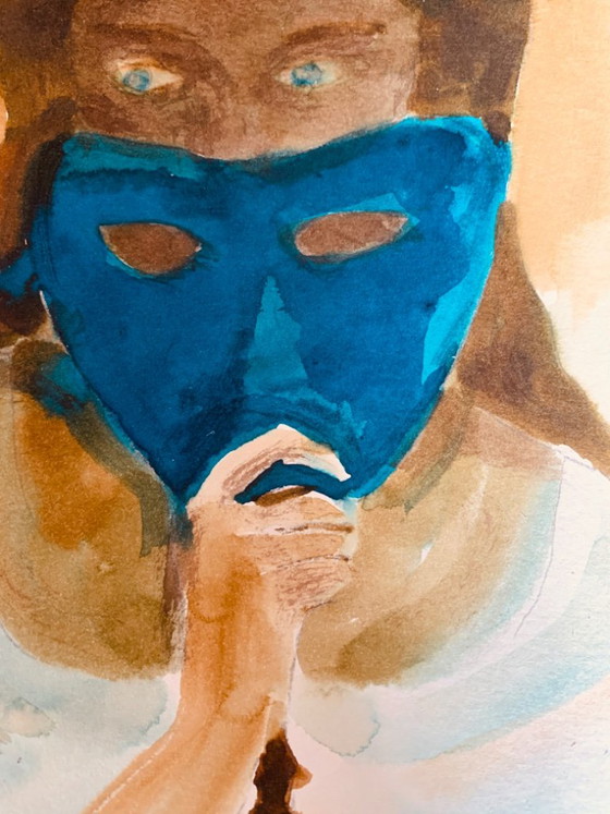 Quadro firmato, ritratto femminile al Carnevale di Venezia « La maschera blu », Dipinti e disegni, Carta (foto 8 di 10)
