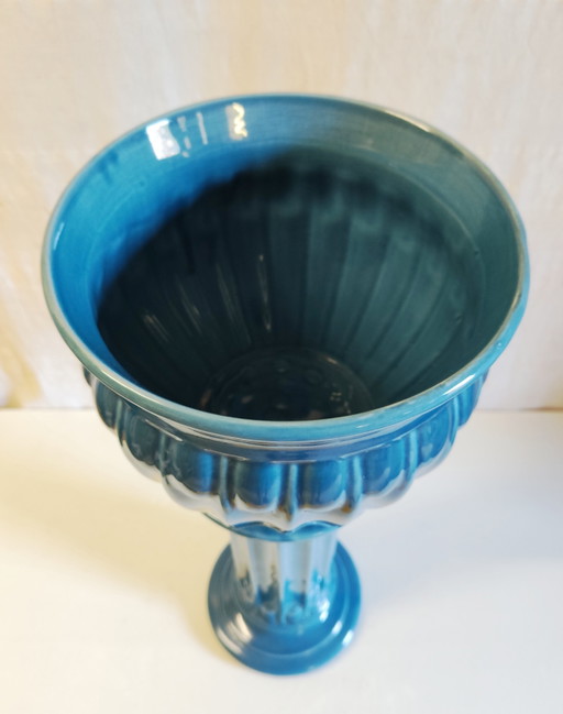 Kolom en wasbak in art-decostijl van blauw geglazuurd keramiek - midden 20e eeuw – plantenbak, Ceramic (photo 2 of 10)
