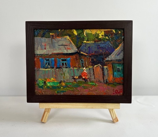 Original Oil Painting Evening Village Landscape Evening silence in the village