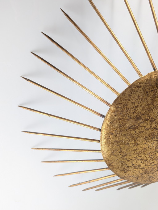 Sunburst Pendant Lamp Hammered Gilt, Neoclassical Style 1970s