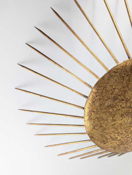 Image 1 of Sunburst Pendant Lamp Hammered Gilt, Neoclassical Style 1970s