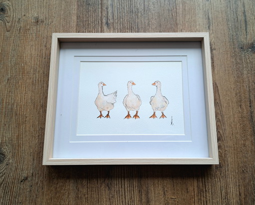 Original-Aquarellgemälde „Gänse“ | Inklusive Rahmen – schilderijen tekeningen, Paper