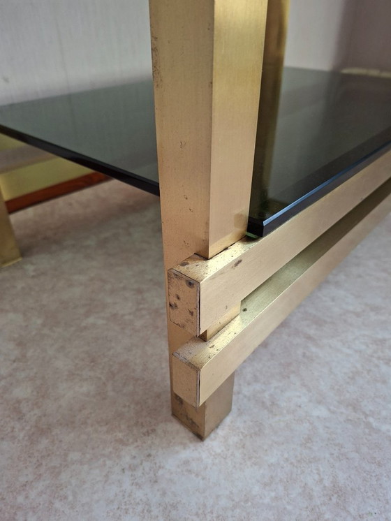 Image 1 of Vintage brass side table with 2 smoked glass shelves