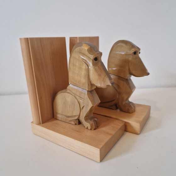Image 1 of Set di fermalibri vintage a forma di bassotto, fermalibri in legno anni '60, bassotto