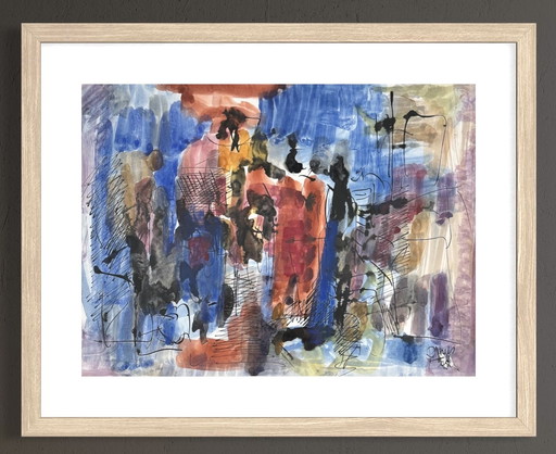 Prächtiges abstraktes Gemälde von 1975 – René Mels, bedeutender belgischer Künstler – gerahmt