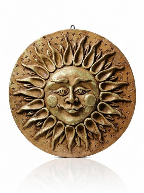 Image 1 of Grande scultura murale antropomorfa a forma di sole in terracotta patinata, artigianato italiano vintage