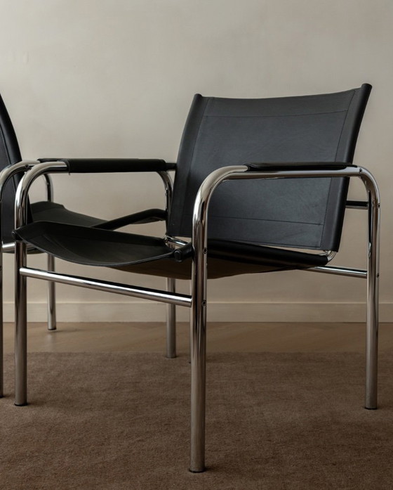 Image 1 of Vintage Bauhaus Klinte loungestoelen van chroom en zwart leer, ontworpen door Tord Björklund voor IKEA, jaren 80, set van 2.