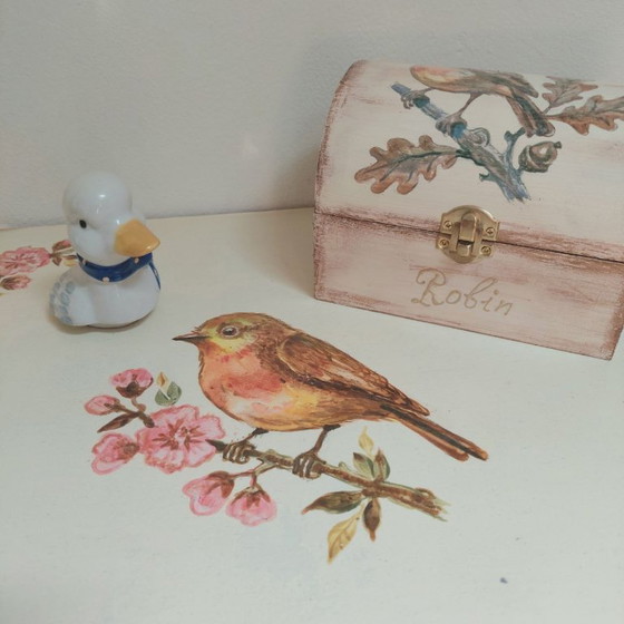 Image 1 of Hand Painted Robin Side Table in English Cottage Style