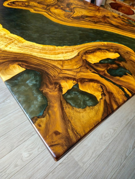 Image 1 of Rain tree wood epoxy river dining table grey/silver 