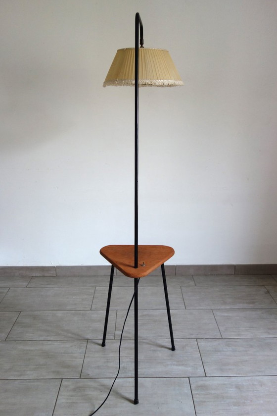 Image 1 of Tripod metal floor lamp with shelf, 1950s/60s, France