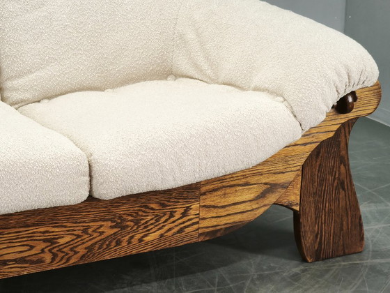 Image 1 of Brutalist Solid Oak and Bouclé Three-Seat Sofa, Czechoslovakia 1970s
