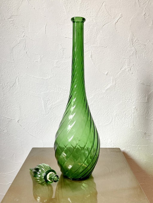 Grote groene glazen fles/karaf van Empoli, jaren 60.