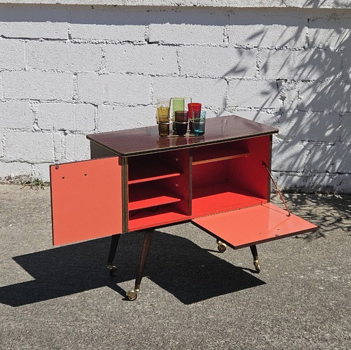 Mid-Century Formica Bar Trolley - Bar Cabinet - Mahogany Style - 60s