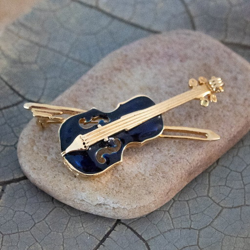 Broche violon vintage : émail bleu marine et métal doré
