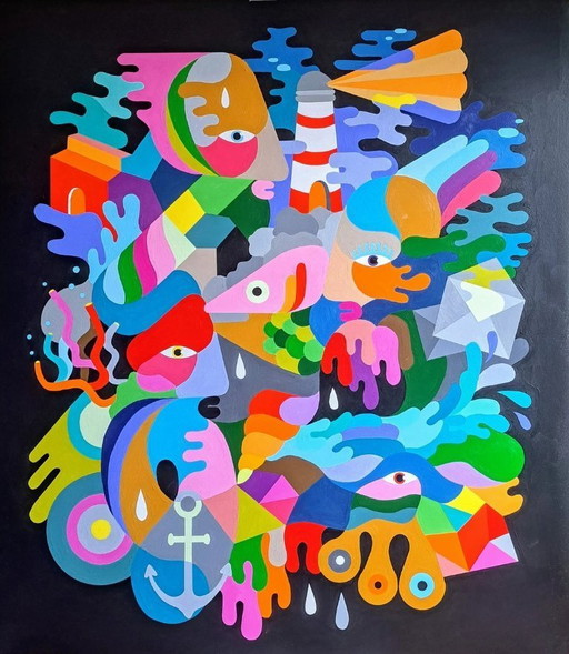 Colorful abstract painting "Fish" - original acrylic on MDF by Franklin van Dam (97x84 cm)