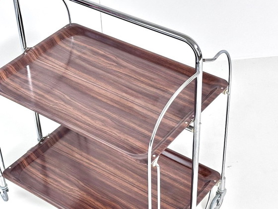 Desserte Bremshey Dinett, pliable, chrome et aspect bois foncé, Mid-Century, Argenté, Vintage (photo 15 sur 15)
