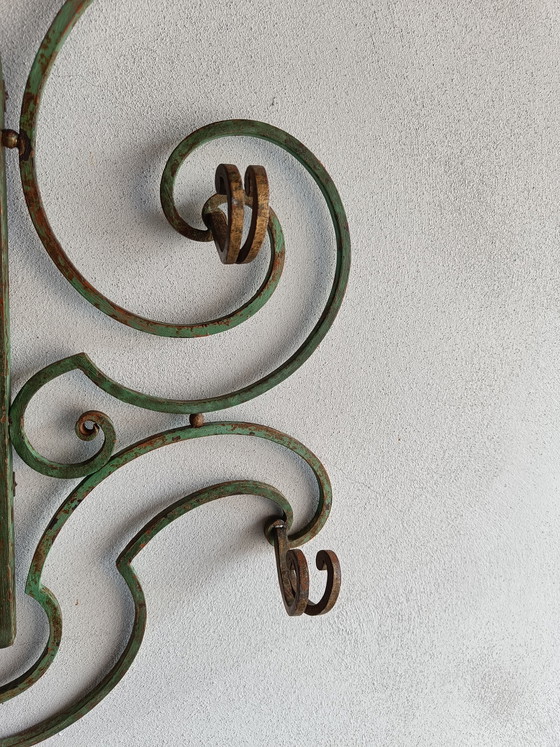 Image 1 of French wrought iron wall mirror coat rack, 1930s–40s, large decorative entry piece