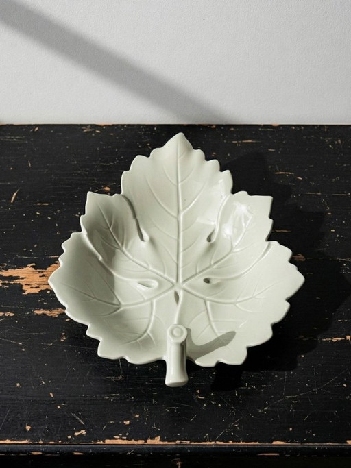 Large celadon porcelain vine leaf bowl by L. Michelaud, Limoges, 1930-50