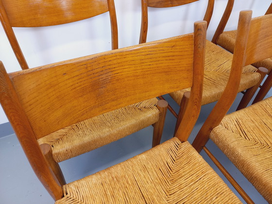 Image 1 of Suite de 6 chaises vintage italiennes en teck et corde danoise Gessef Consorzio Sedie Friuli