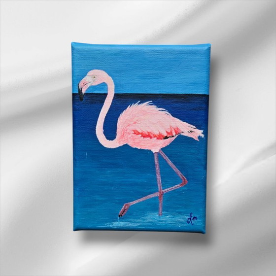 Image 1 of Handmade acrylic painting flamingo in the sea