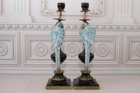 Lussuosa coppia di Portacandele pappagallo in porcellana blu con bronzo – Dipinti a mano e finitura craquelé (photo 3 of 10)