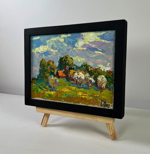 Original Oil Painting Summer Village Landscape Clouds drifting in the sky