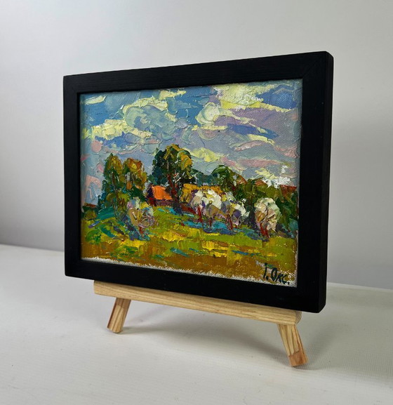 Image 1 of Original Oil Painting Summer Village Landscape Clouds drifting in the sky