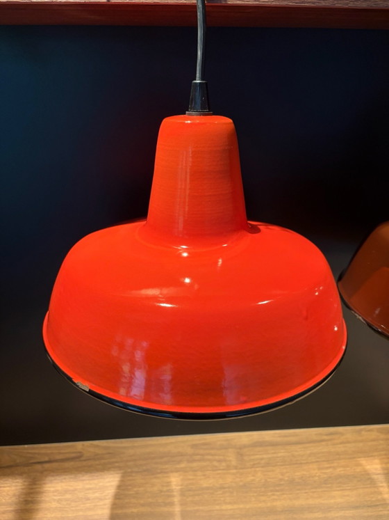 2x vintage enamel lamps orange/red & brown – Pendant lamps, Metal (photo 4 of 11)