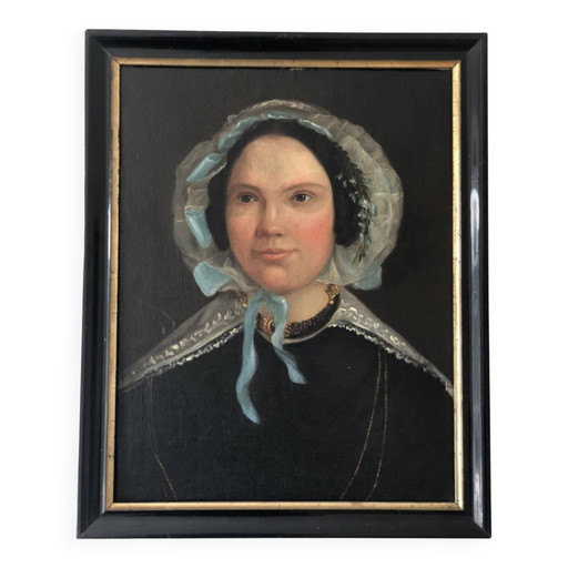 Antique Vintage Oil Portrait Painting of a Dutch Lady, 19th Century