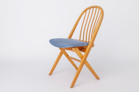 Image 1 of Desk Chair 1960s Germany, Vintage Beech Wood Office Chair, Restored Light Blue Upholstery, Mid Century