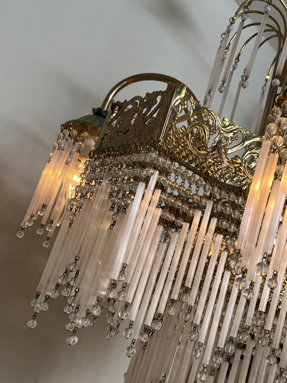 Image 1 of Vintage xl pink opaline rod chandelier pendant lamp art deco style