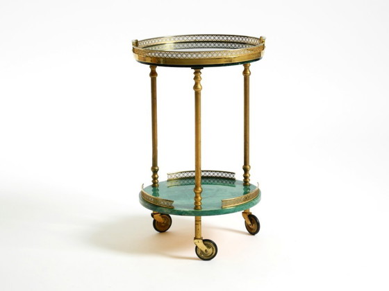 Image 1 of Round, small 1960s Aldo Tura serving or bar trolley in green goatskin leather | Made in Italy