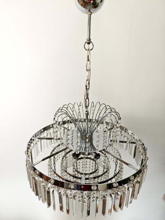 Image 1 of Mid Century Chrome Crystal Chandelier / Retro Tier Waterfall Ceiling Light / 1970s Hollywood Regency Pendant Lamp / Vintage Hang