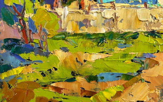 Image 1 of Original Oil Painting Summer Village Landscape Tree, house and endless sky