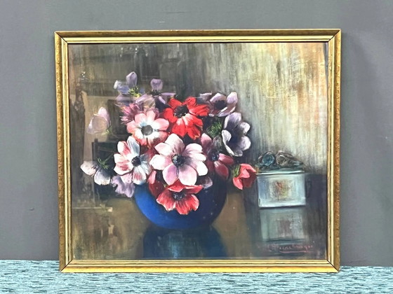 M. Steenbruggen. Stilleven met bloemen in een blauwe vaas. Pastel. – Schilderijen & Tekeningen, Paper (photo 5 of 6)