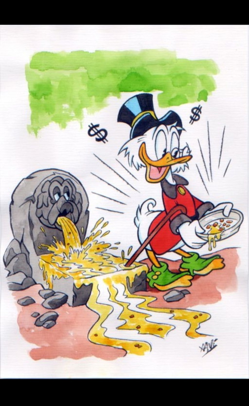 Originele tekening Dagobert Duck Scrooge - Xavi (Xavier Vives Mateu) - 30x21 - inkt + aquarel 