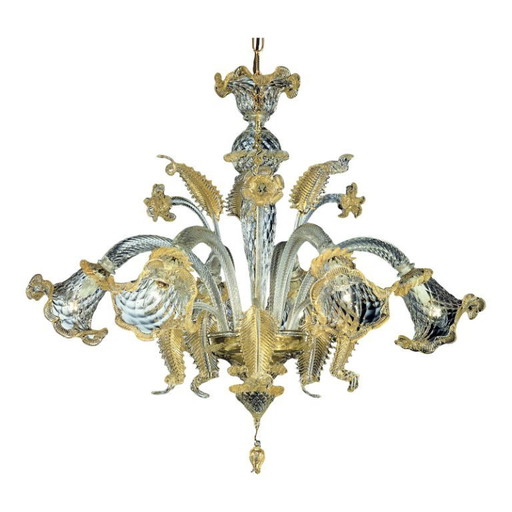 Luxuriöser venezianischer Kronleuchter aus Muranoglas mit floralem Muster und Blattgoldverzierungen – mundgeblasen