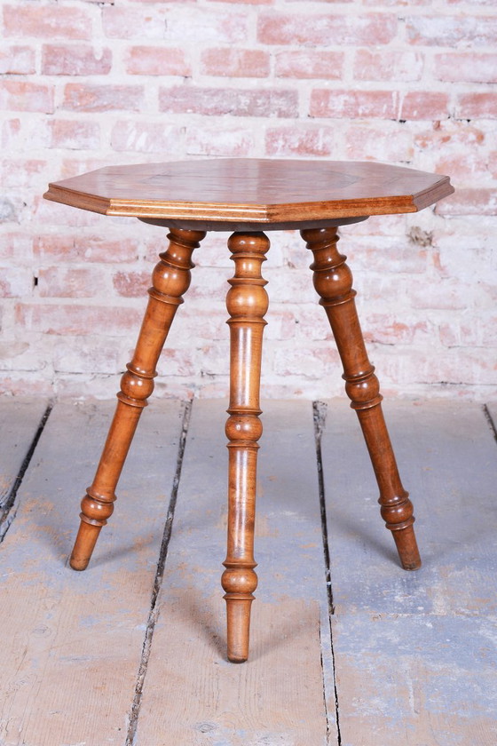 Gerestaureerde Biedermeier salontafel, kersen- en walnotenhout, gerestaureerde Poolse afwerking, Tsjechisch, (photo 8 of 11)