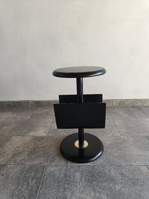 Postmodern bijzettafel uit de jaren 80 met tijdschriftenrek, metaal, hout en messing