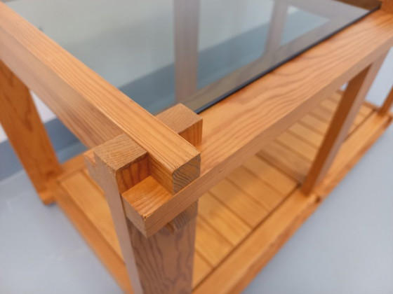 Image 1 of Vintage rectangular coffee table in pine and smoked glass from the 70s/80s