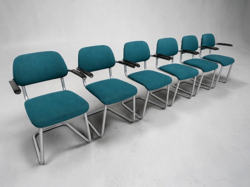 6x Artifort Lande Jami Stoelen - Buisframe Sledemodel - Bakeliet - Petrolblauw