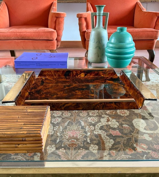 Image 1 of Hollywood regency brass and tortoiseshell lucite tray, Italy 1970s